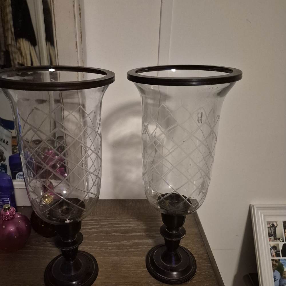 Decorative Glass Hurricane Candle Holders with Dark Bronze Trim - Home Accents